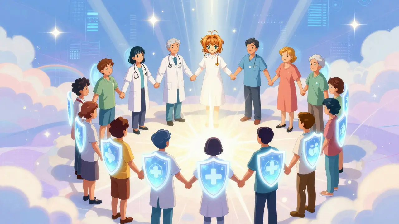 Group of people forming protective circle of light