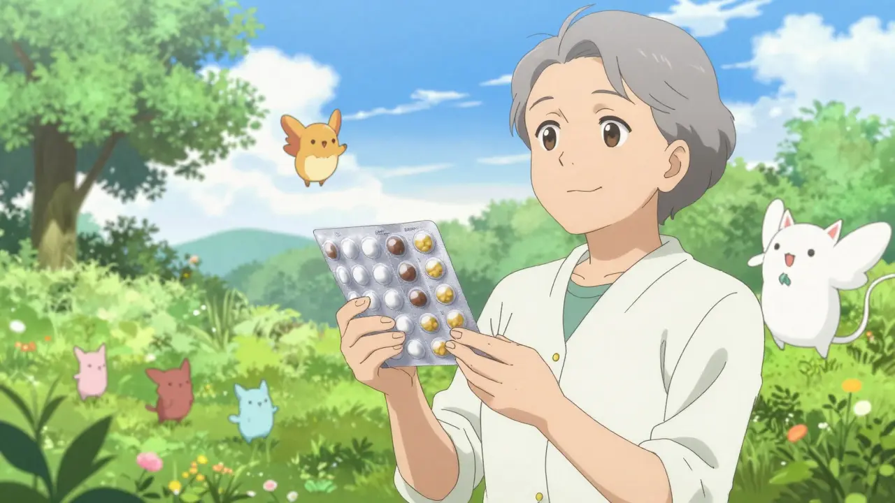 Happy senior holding organized pills in a bright, healthy garden setting.