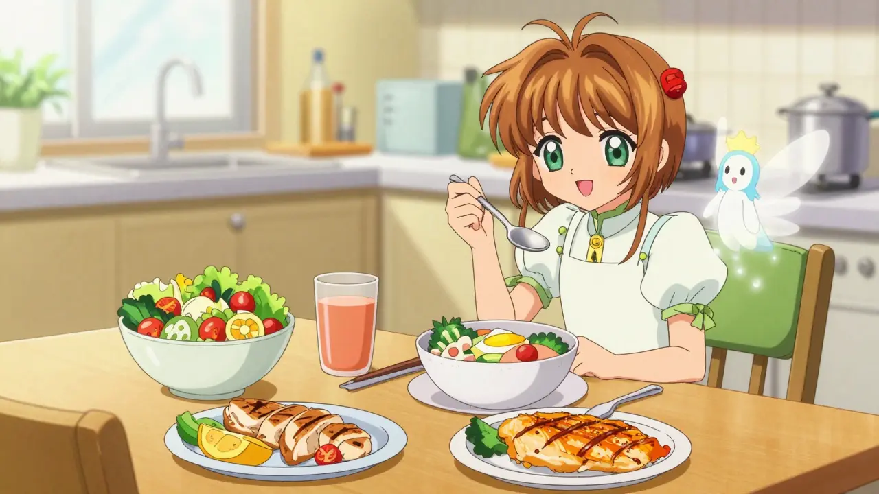 Magical girl enjoying a healthy low-fat meal with a protective spirit nearby.