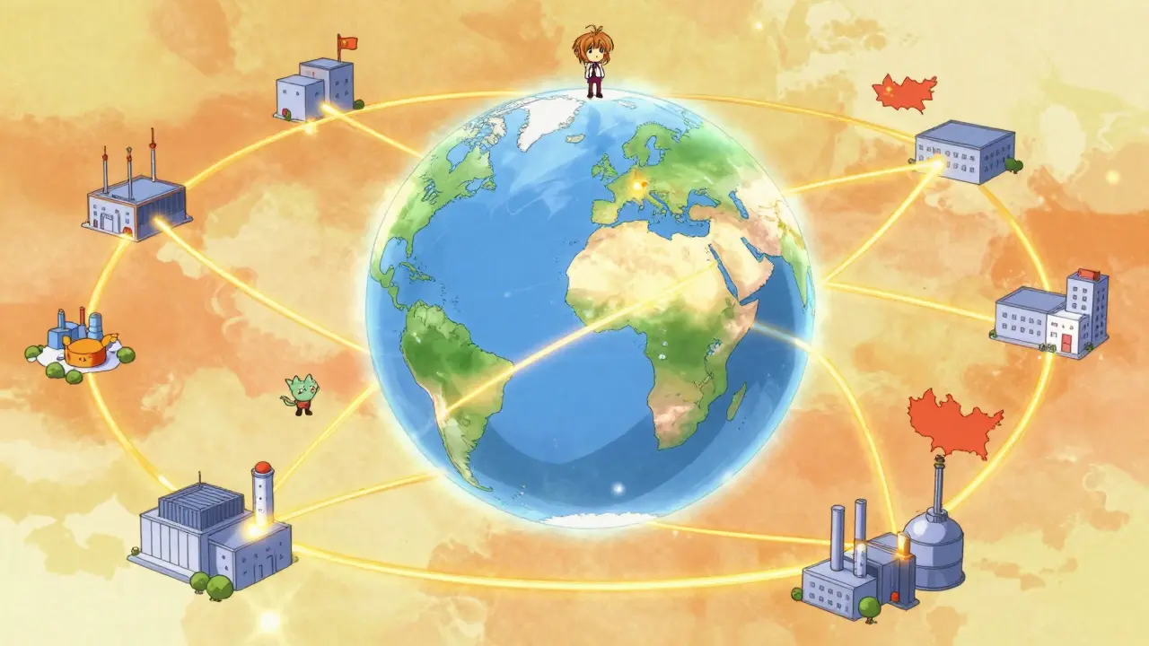 Magical globe with golden threads showing global drug supply chains and inspectors.