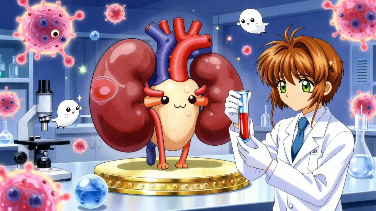 Magical lab scene with cute organ mascot and glowing molecular spirits