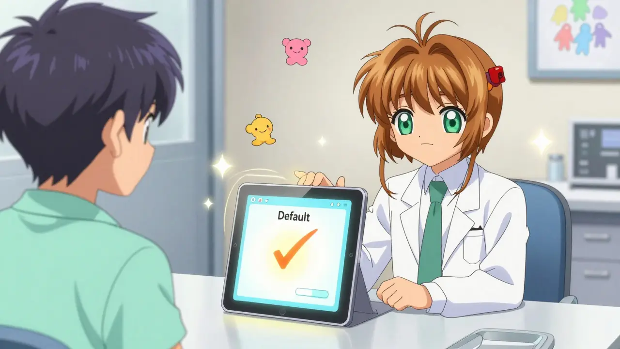 Magical mascot guiding patient to default medication choice in bright clinic