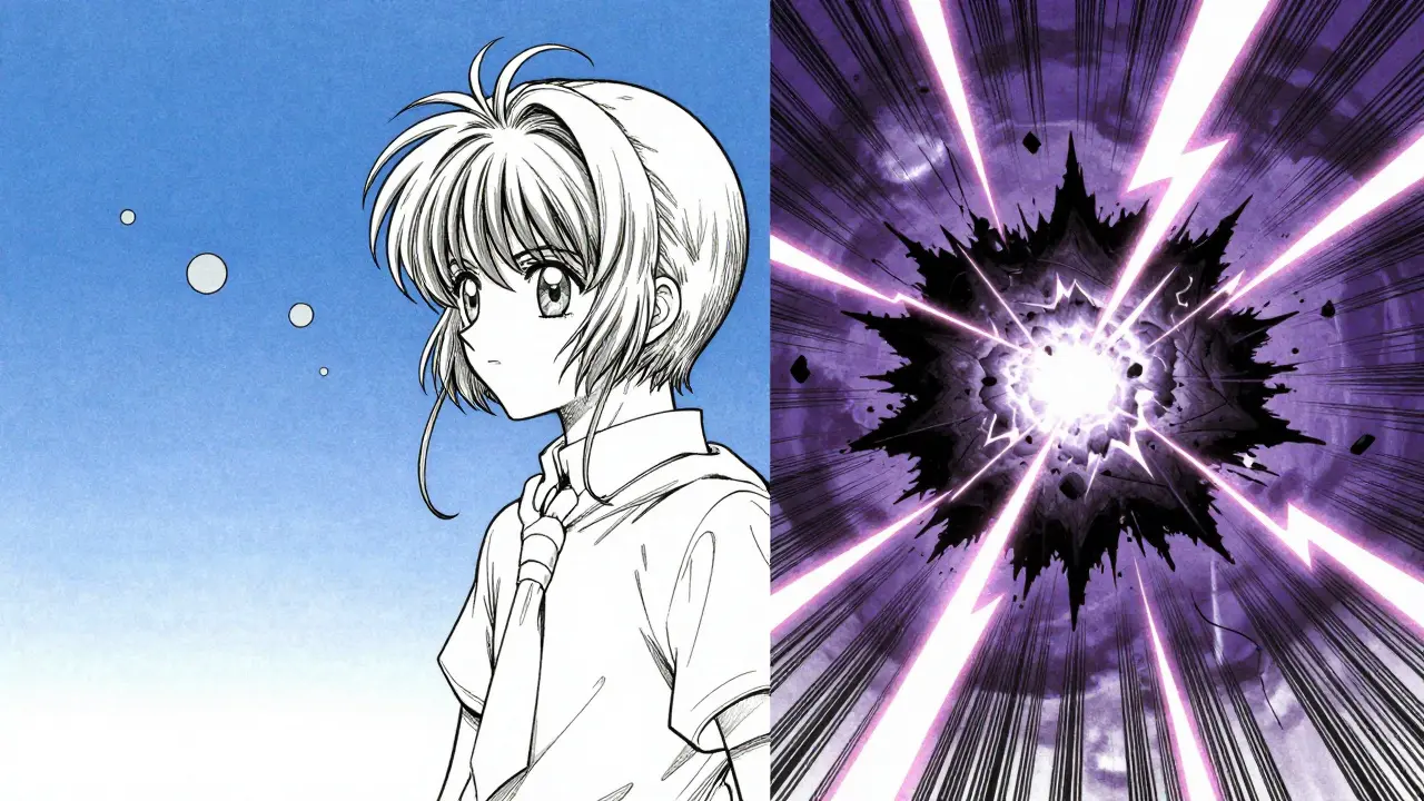 Manga split scene contrasting benign floaters with dangerous flashes
