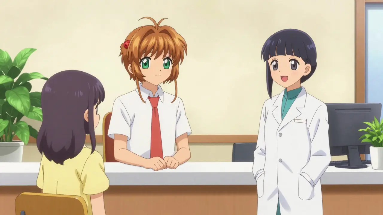 Patient talking to clinic staff in bright office
