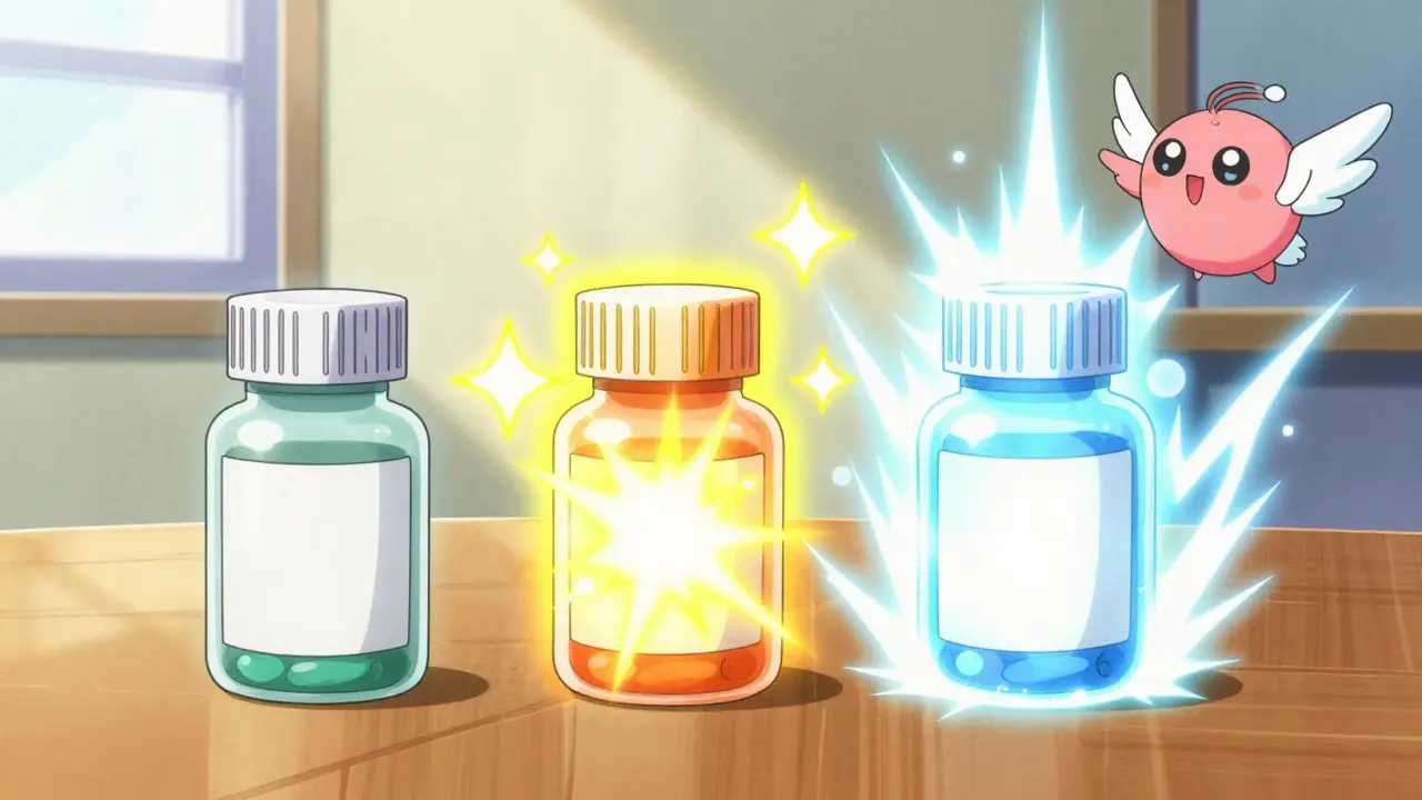 Three glowing generic bottles showing increasing value