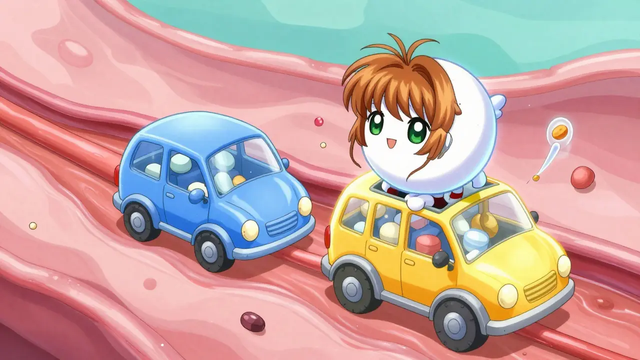 Whimsical anime illustration showing different drug delivery vehicles in the bloodstream.