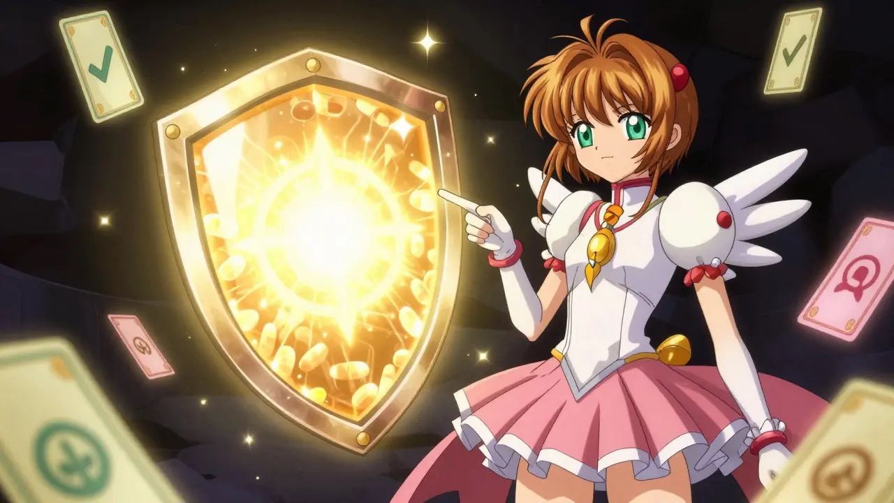 Anime character protecting medicine package with a glowing safety shield