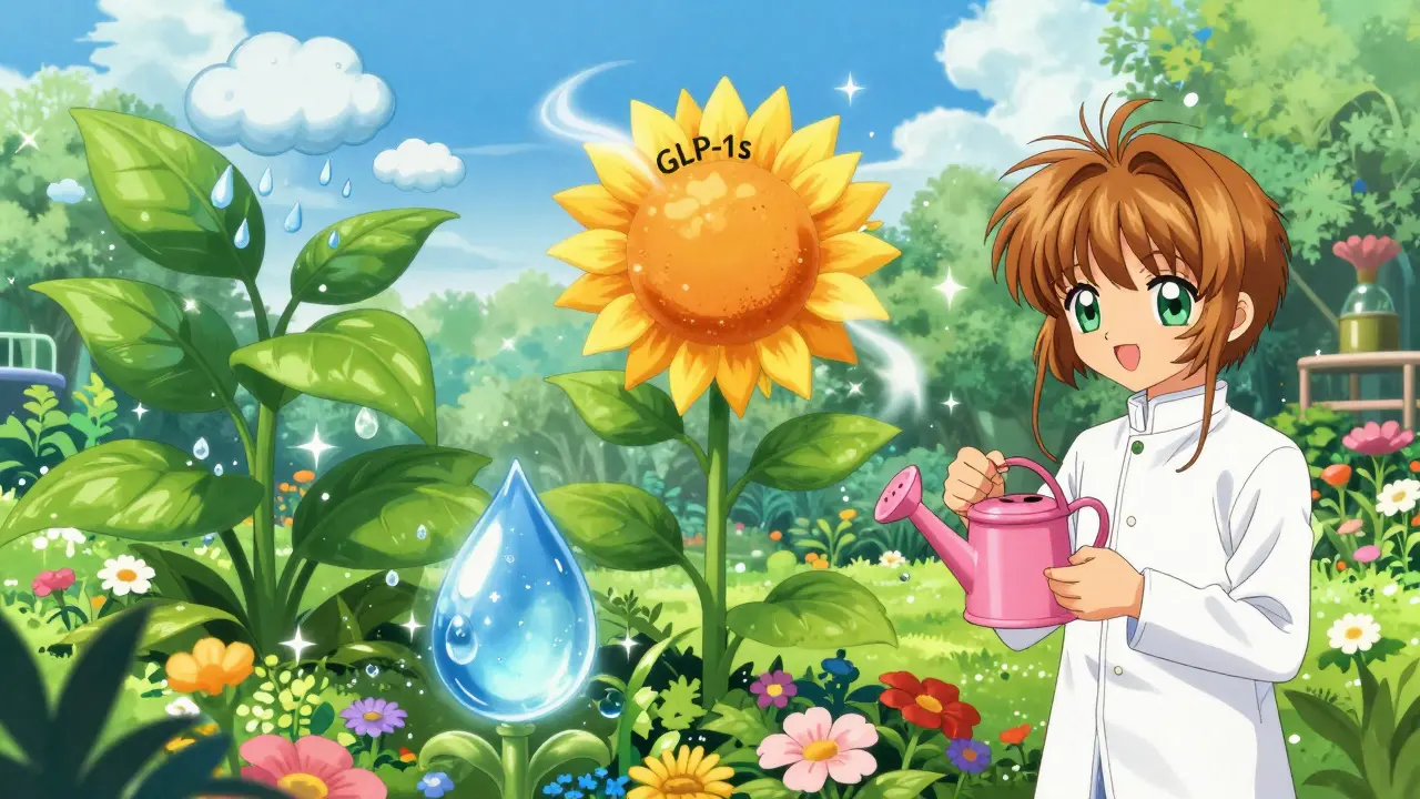Character tending a garden of metaphorical medicine plants