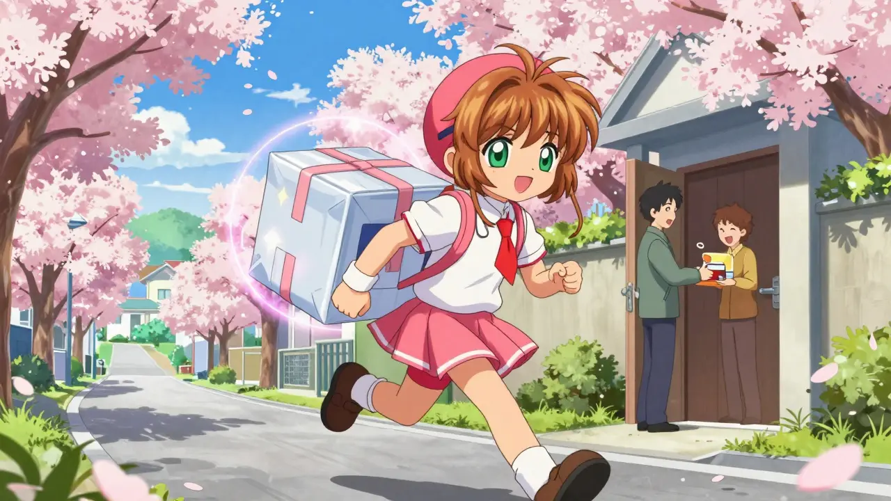 Courier delivering package under cherry blossoms, anime style