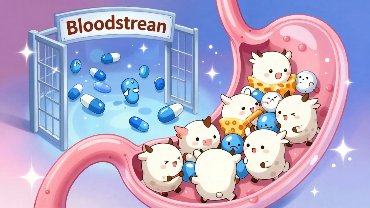 Cute anime calcium ions blocking pill absorption in stomach