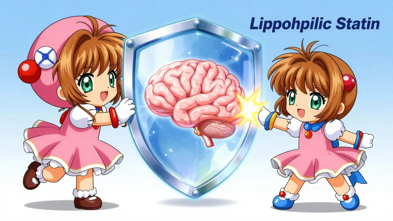 Cute anime characters showing statins crossing or blocking the brain barrier