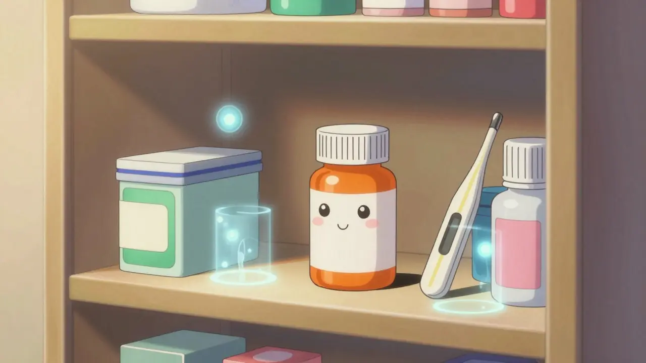 Cute pill character in safe home medicine cabinet