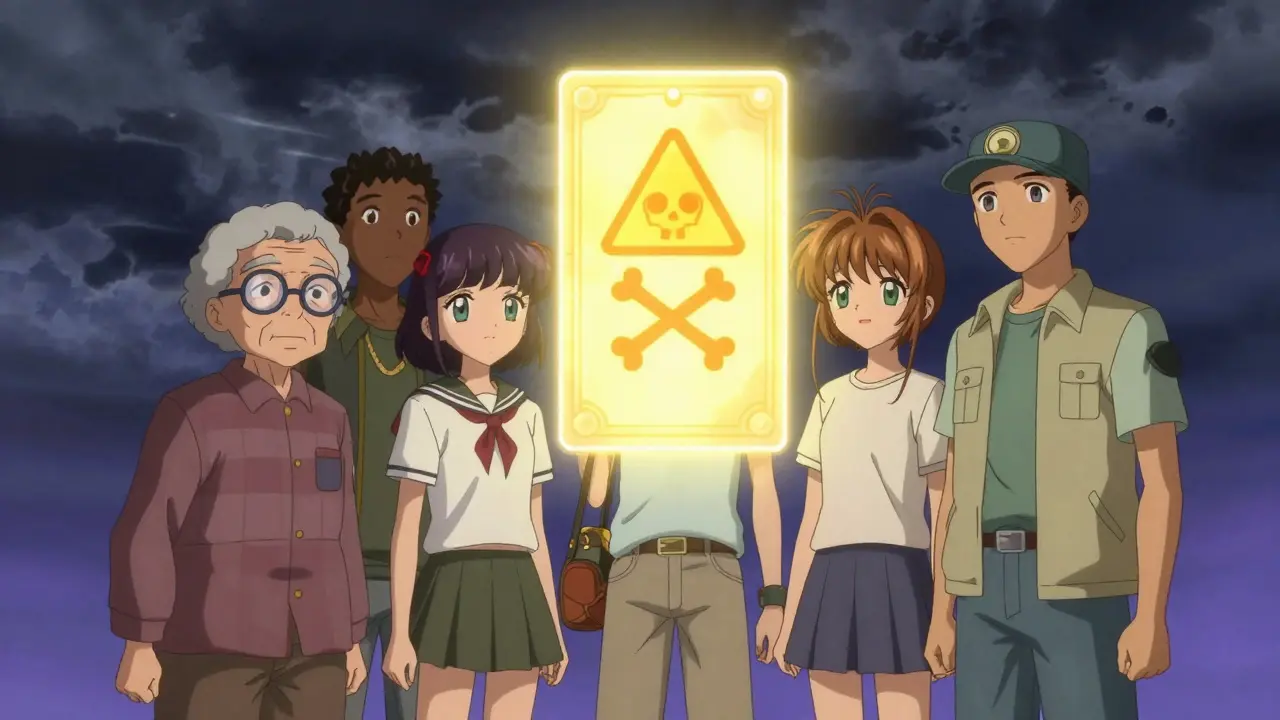 Diverse anime characters viewing a magical warning card