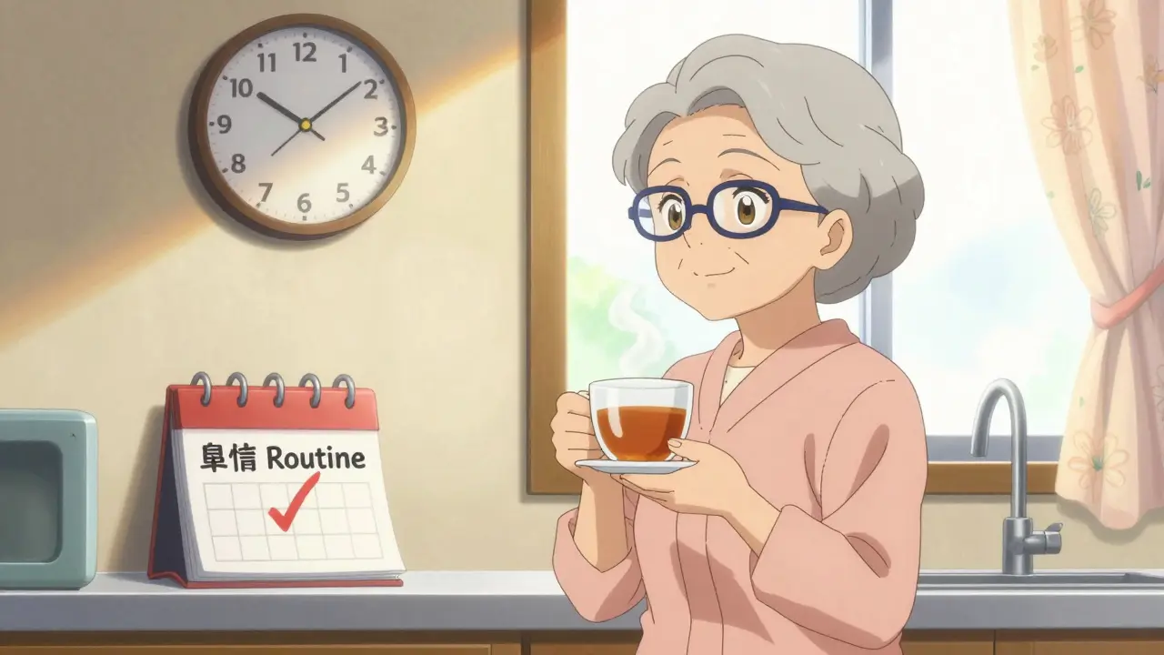 Elderly woman waiting 30 mins after pill before eating