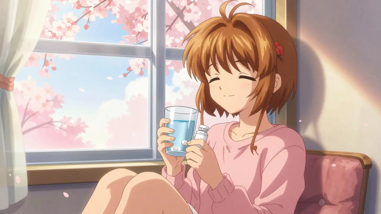 Happy anime woman taking medication in the morning sunlight