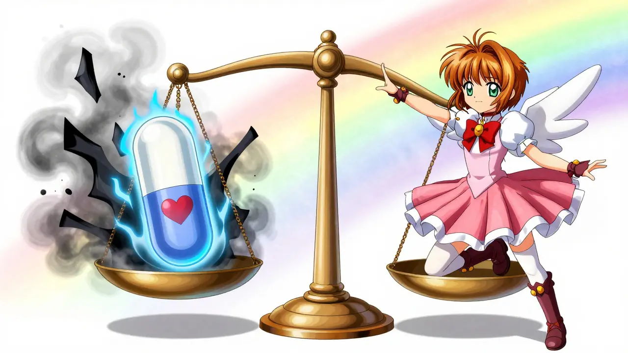 Magical balance scale weighing health benefits vs side effects