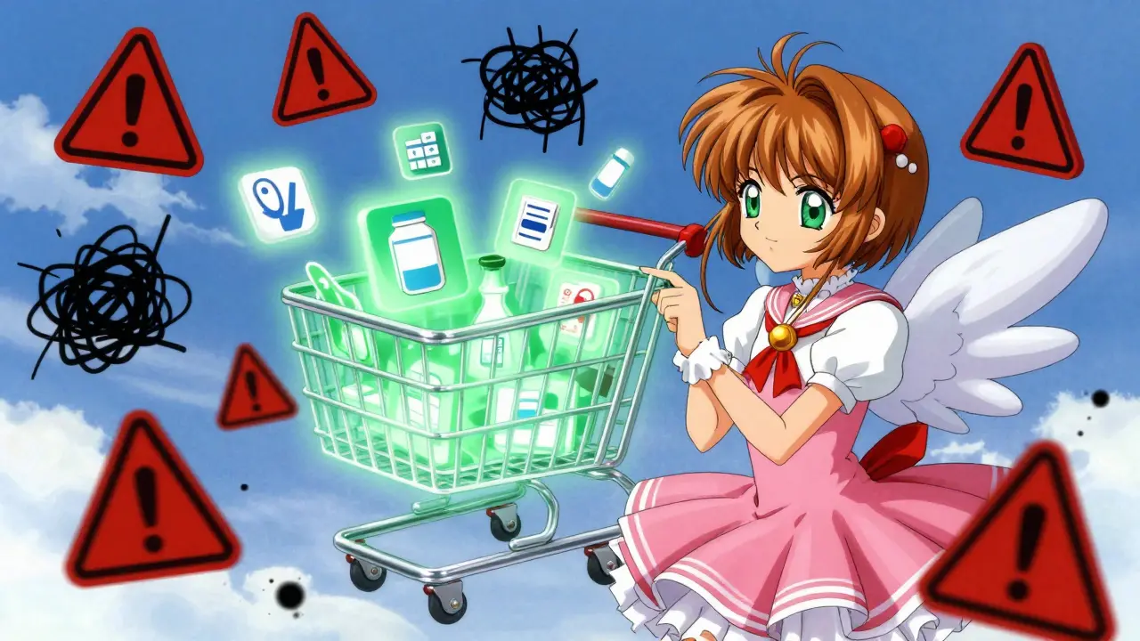 Magical girl checking safe vs fake online pharmacies