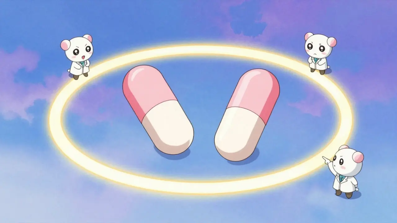 Magical illustration comparing wide and narrow bioequivalence rings with mascots