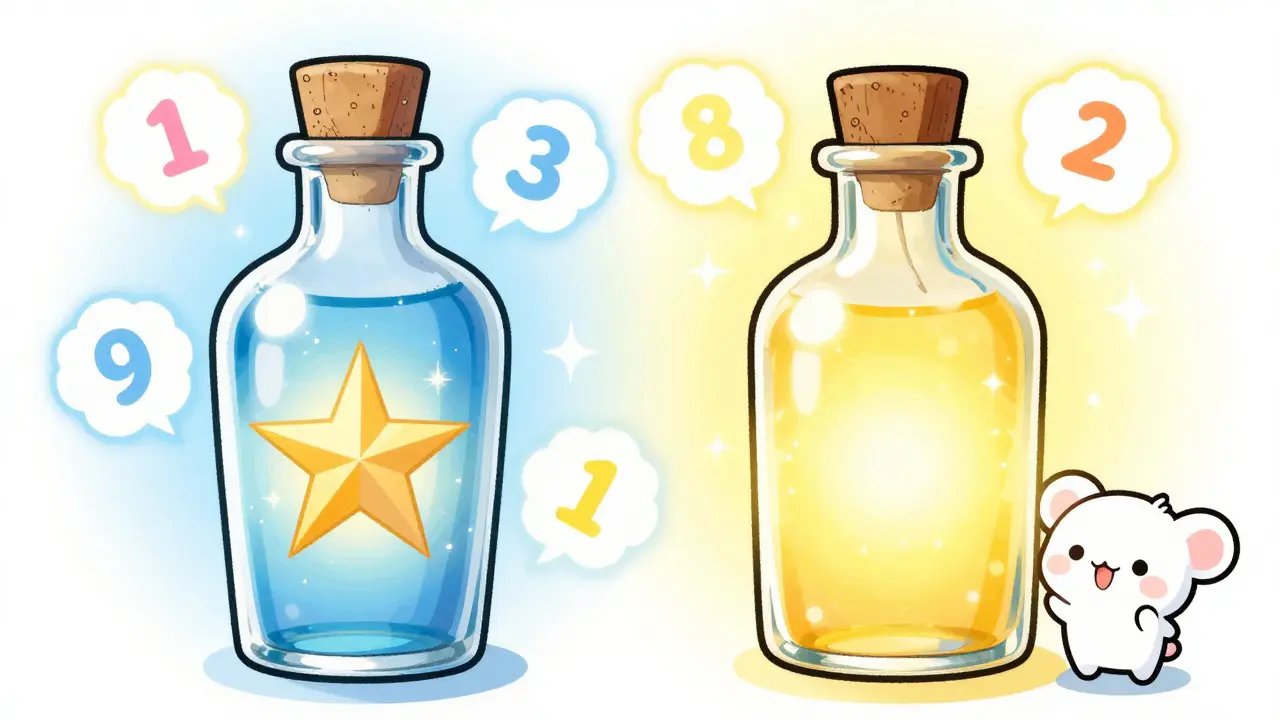 Magical potion bottles comparing brand and generic meds in anime art