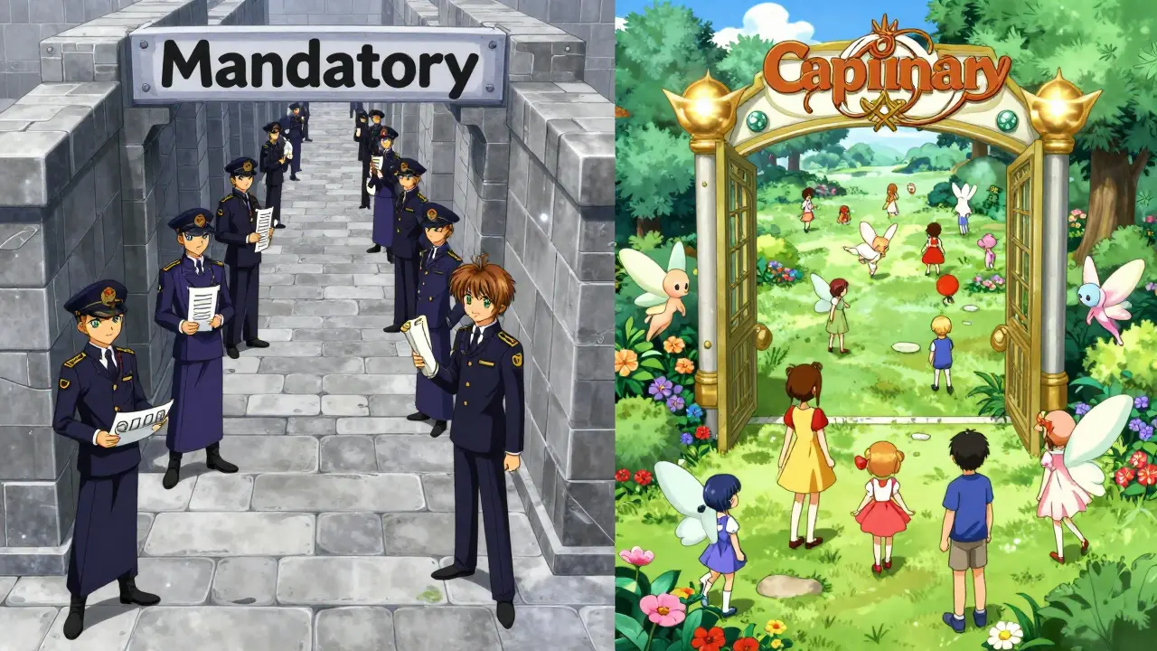 Magical realms contrasting mandatory vs optional rules