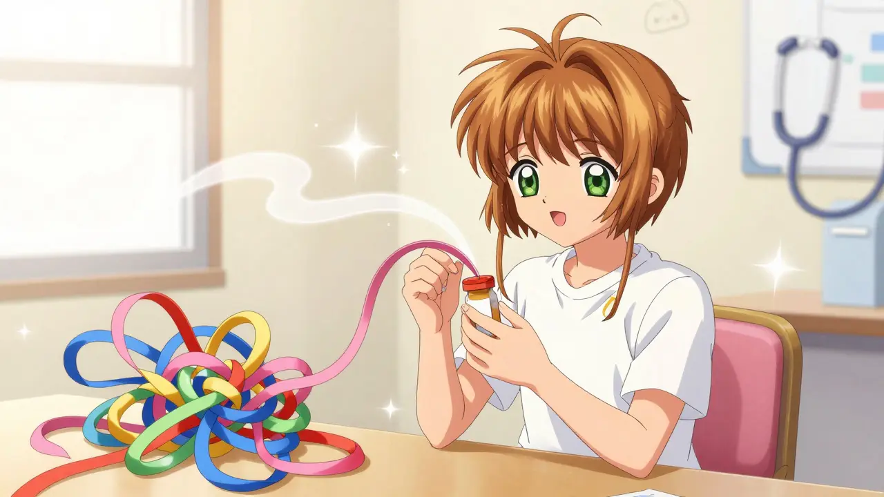 Patient relieved as tangled medication ribbons untangle