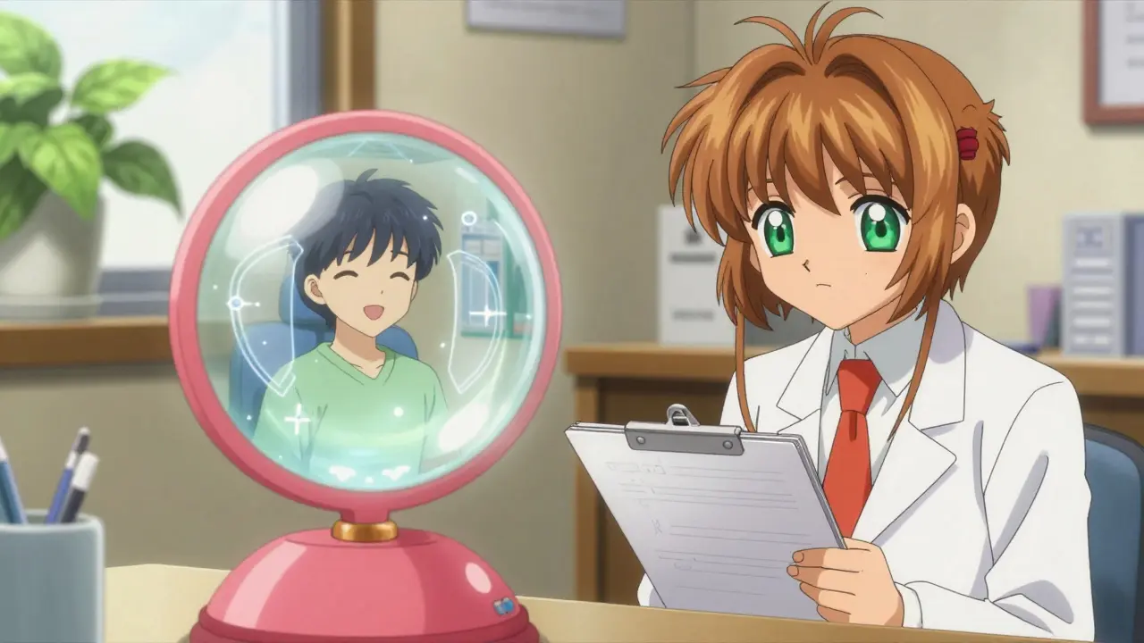 Pharmacist and doctor collaborating via a magical crystal ball to protect a patient