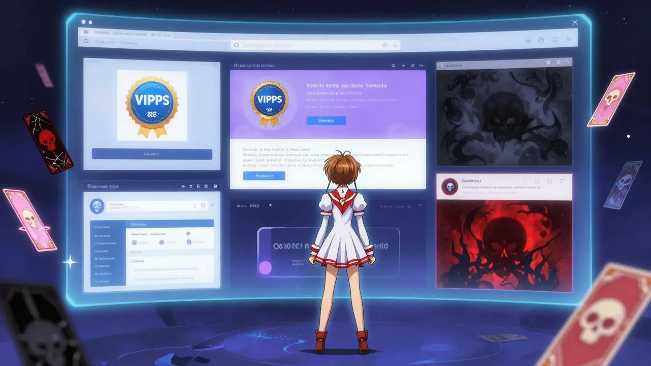 Anime character navigating safe vs unsafe online pharmacy websites