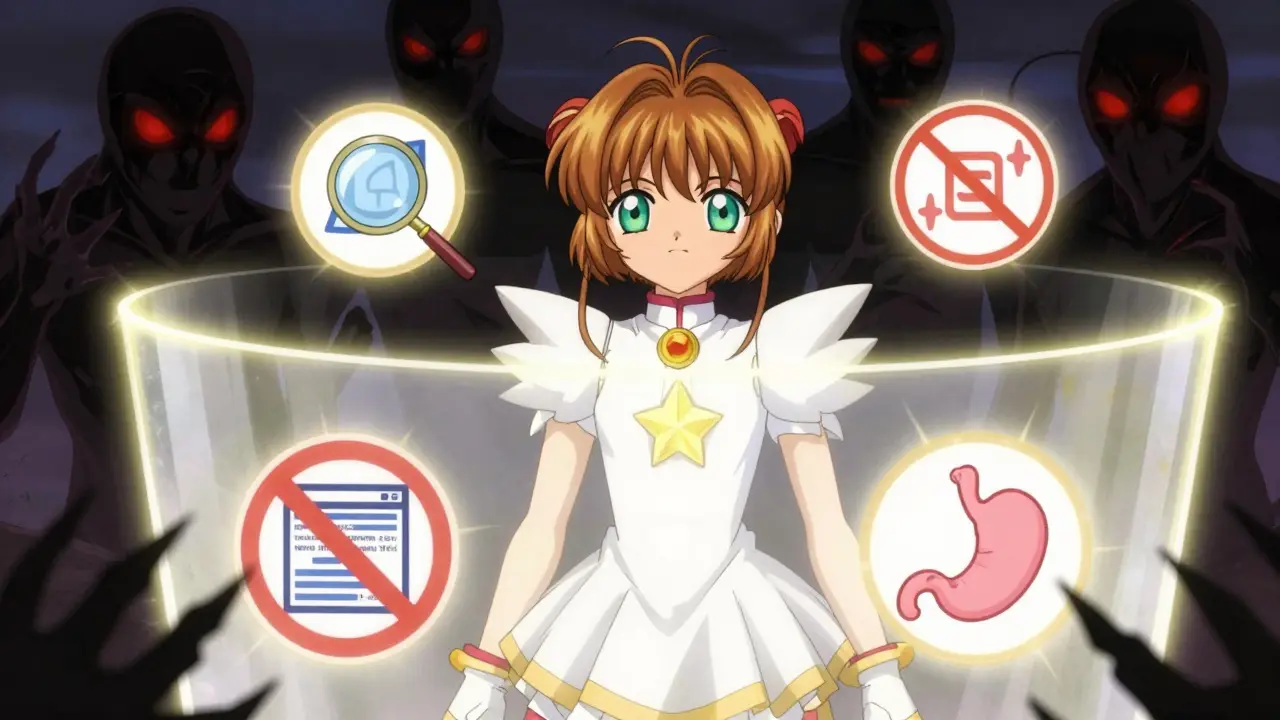 Anime character protecting against fake drug sites with safety shields