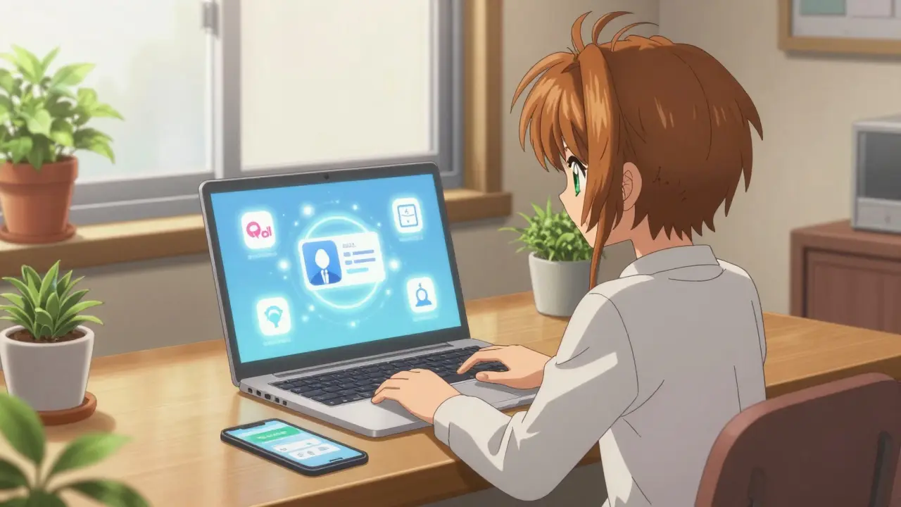 Anime character using laptop to compare medicine prices safely