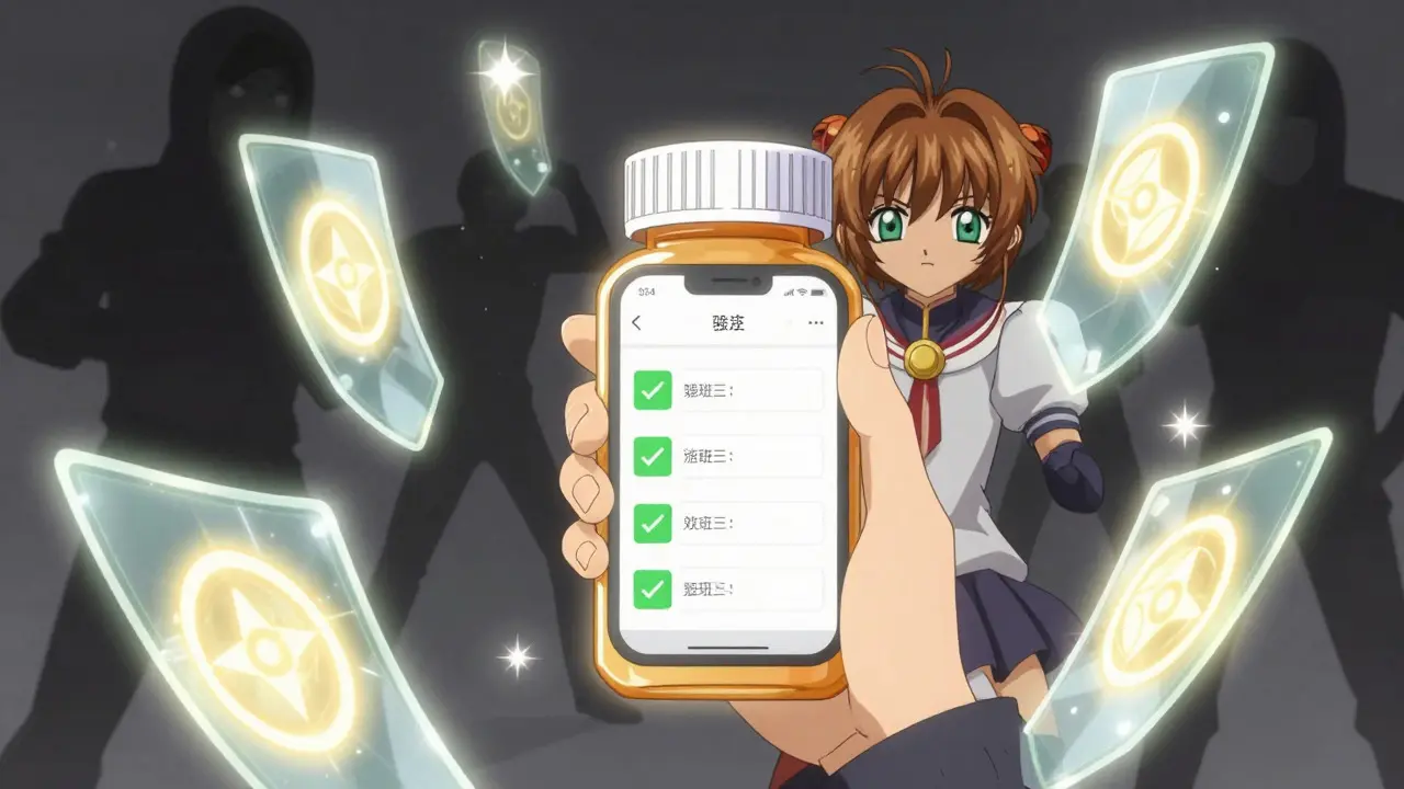 Anime girl using phone to verify medicine with magical shield