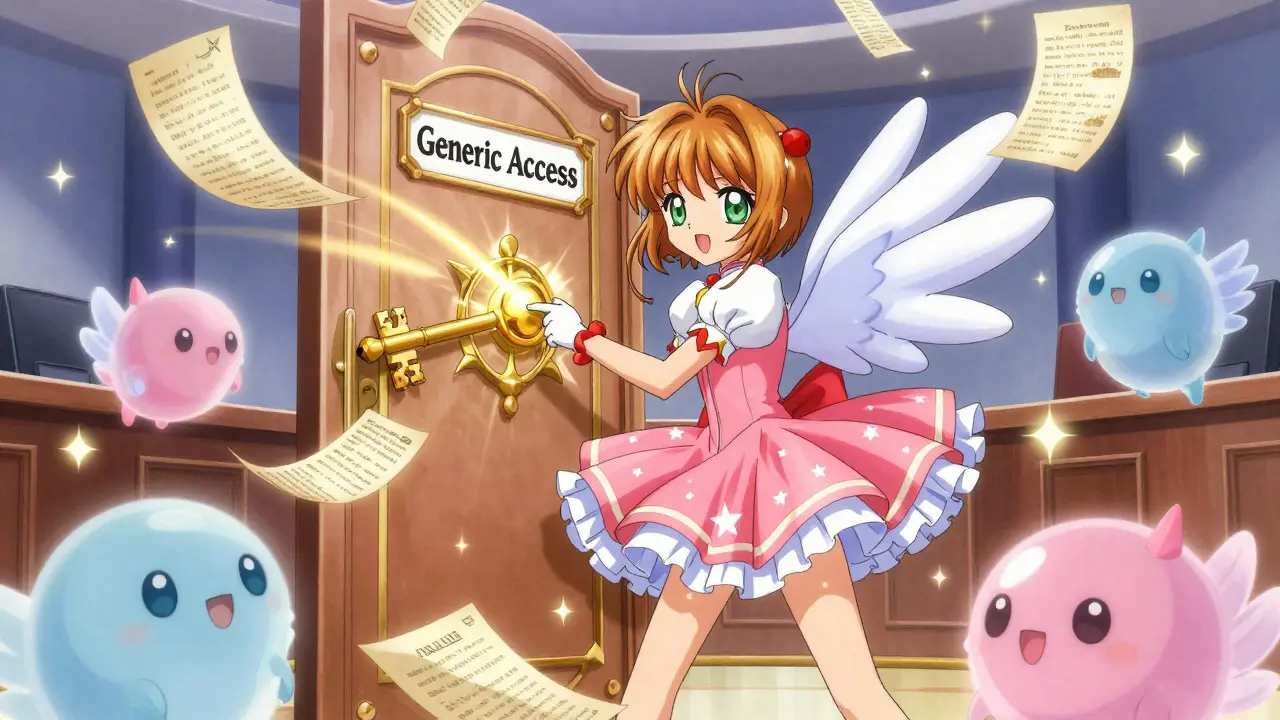 Anime heroine unlocking a door labeled 'Generic Access' with magic, surrounded by cute spirits representing regulations in a Cardcaptor Sakura aesthetic.