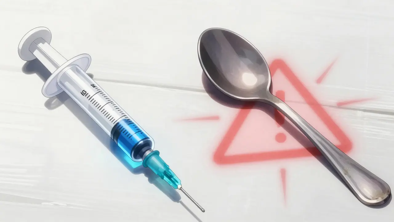 Calibrated syringe vs kitchen spoon showing dosing accuracy