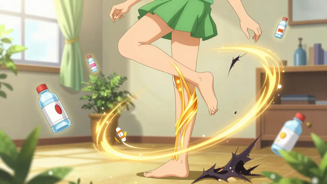 Character stretching leg with golden healing magic energy