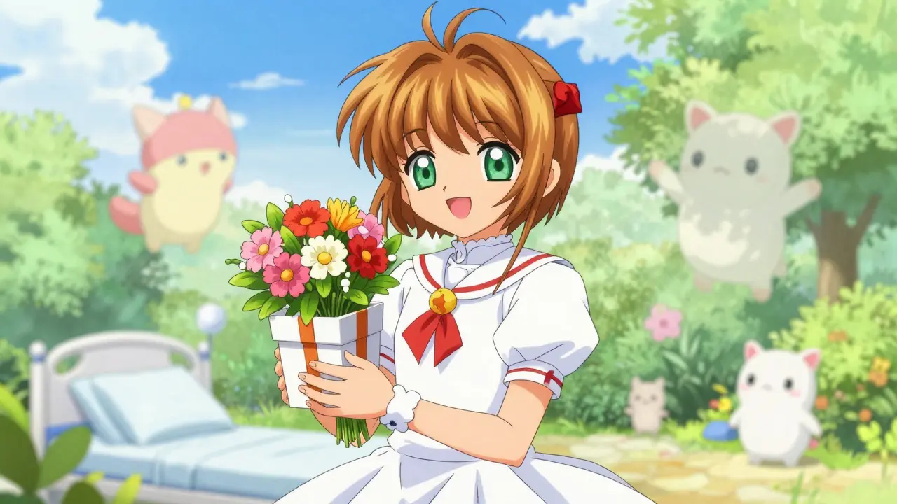 Cheerful anime woman recovering after surgery, bathed in bright sunlight.