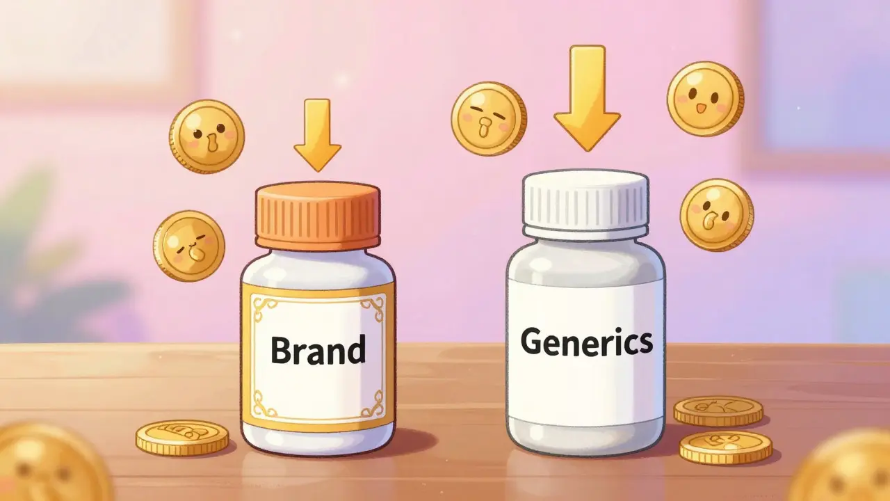 Comparison of brand vs generic medicine bottles with coins