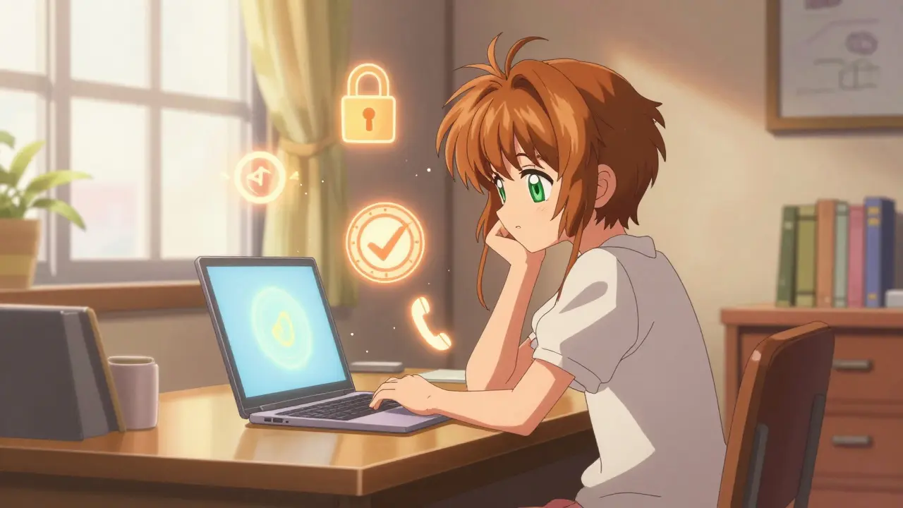 Cozy anime scene of safely verifying online pharmacy purchase