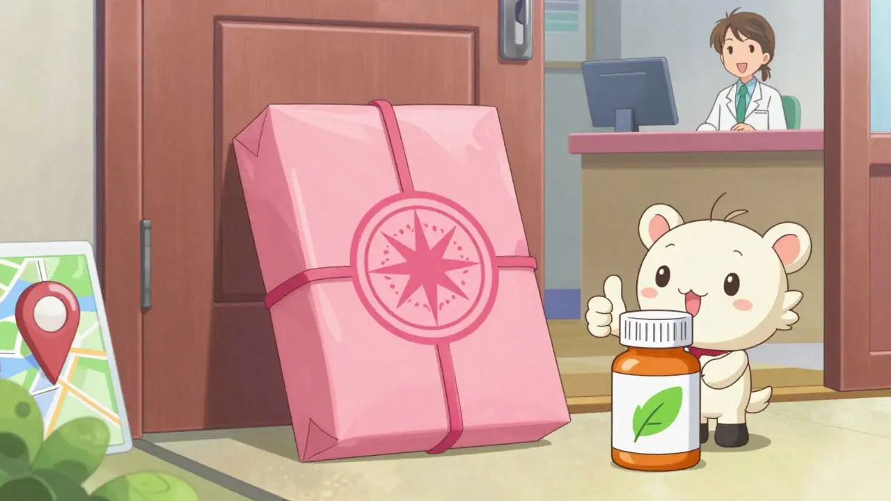 Discreet medicine package delivery with cute mascot in anime style