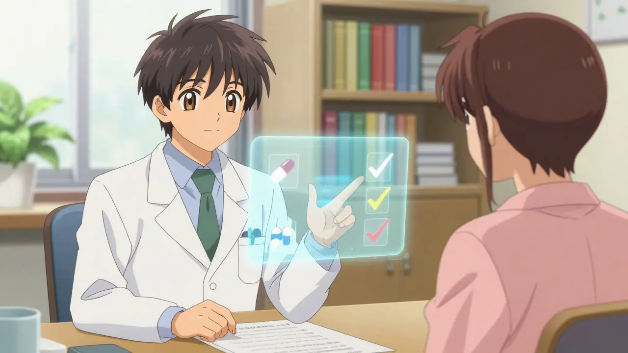 Doctor explains pill substitution to patient with floating info icons