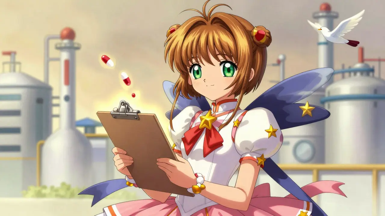 Elegant anime character in Cardcaptor Sakura fashion holding glowing bioequivalence data, with stylized pharmaceutical backgrounds and symbolic imagery.