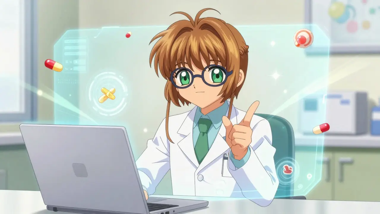 Friendly anime doctor giving advice via holographic screen in bright room