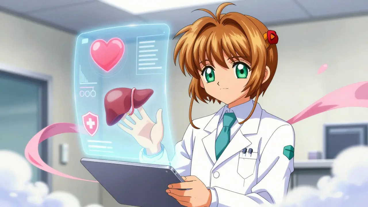 Friendly anime doctor projecting from screen with health safety icons