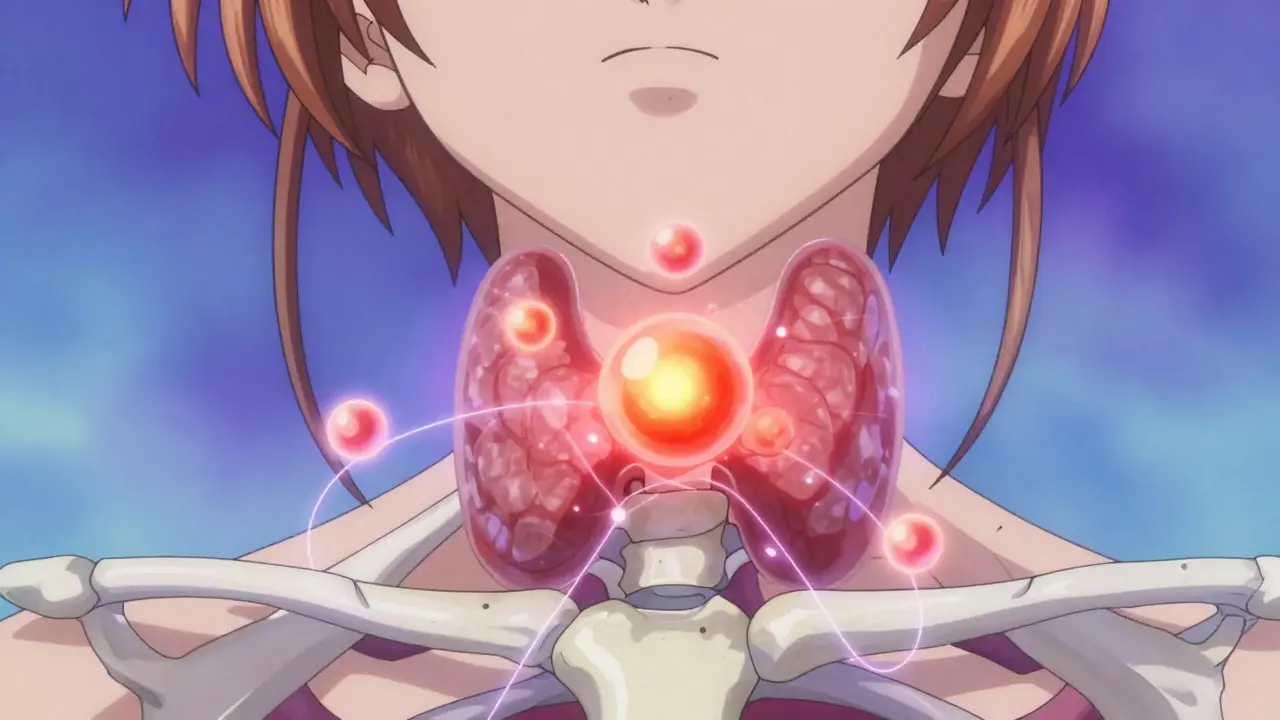 Magical anime visualization of overactive parathyroid glands glowing red.