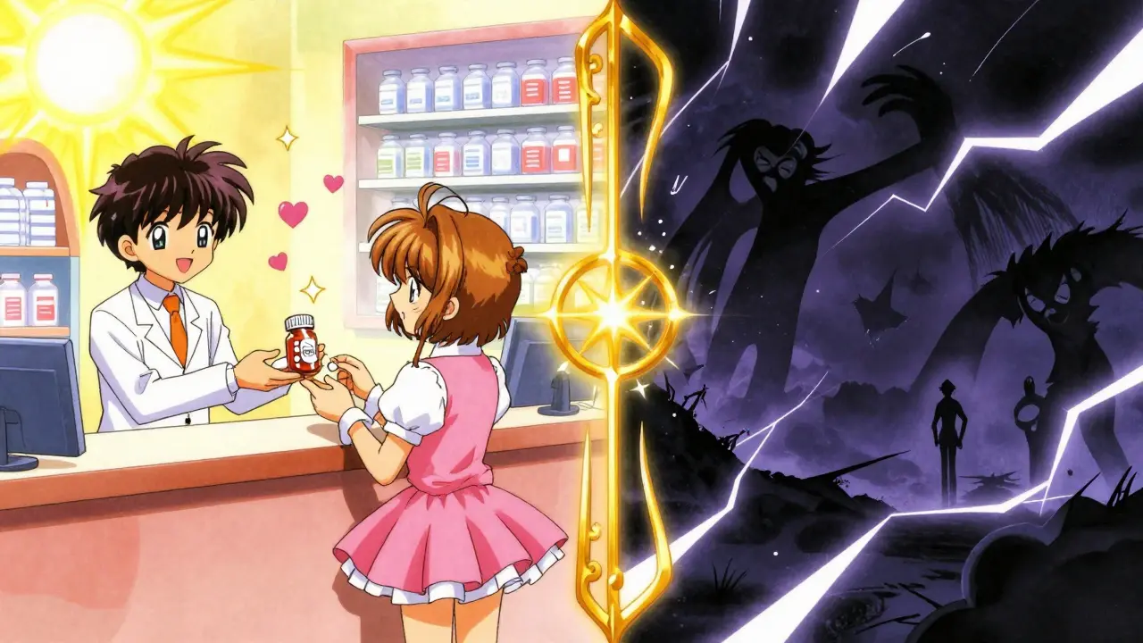 Magical battle between safe pharmacy and dark scam shadows