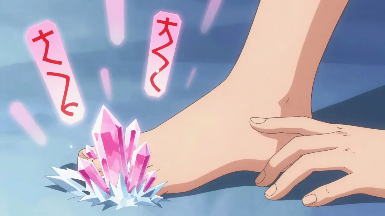 Magical crystals forming on an ankle joint representing gout