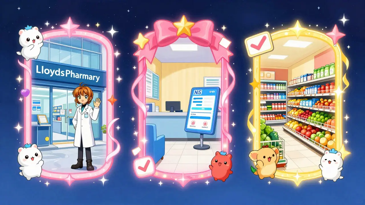 Magical portals showing safe UK pharmacy, NHS, and supermarket options