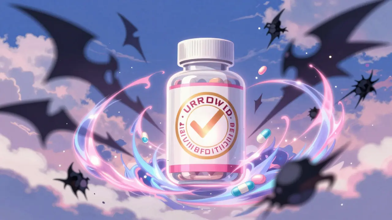 Magical shield protecting medicine bottle from shady websites