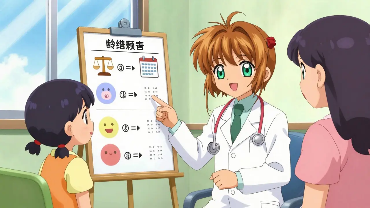 Pediatrician explaining weight-based dosing to parents