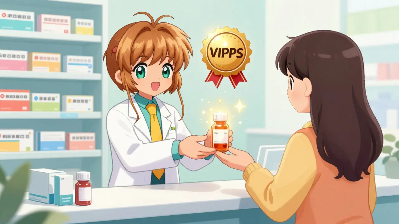 Pharmacist handing over safe medication with glowing seal