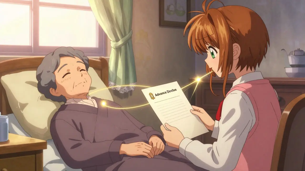 Surrogate holds directive while connected by golden threads to resting patient