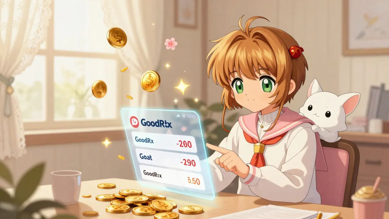 Anime character saving money on meds with magical discounts